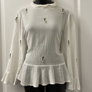 Zara peplum top pearl & beads in random placings on front & sleeves Sz M